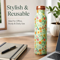 Sempyix 1 Litre Copper Water Bottle - Mint Floral Design