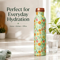Sempyix 1 Litre Copper Water Bottle - Mint Floral Design