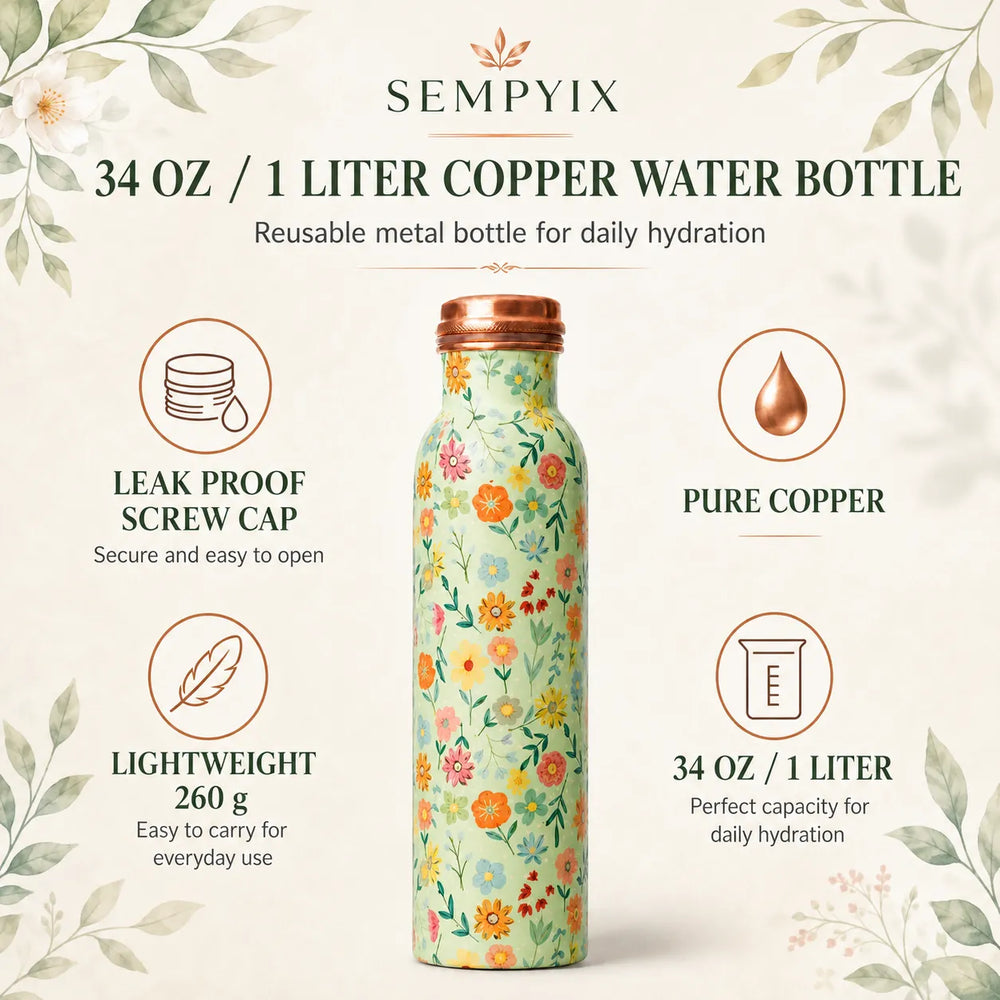 Sempyix 1 Litre Copper Water Bottle - Mint Floral Design