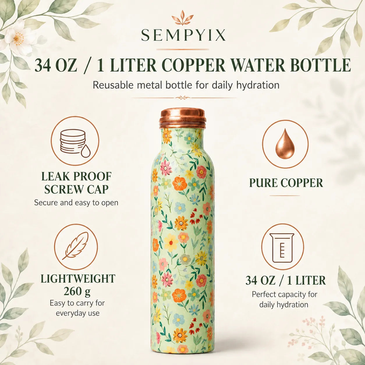 Sempyix 1 Litre Copper Water Bottle - Mint Floral Design