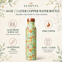 Sempyix 1 Litre Copper Water Bottle - Mint Floral Design