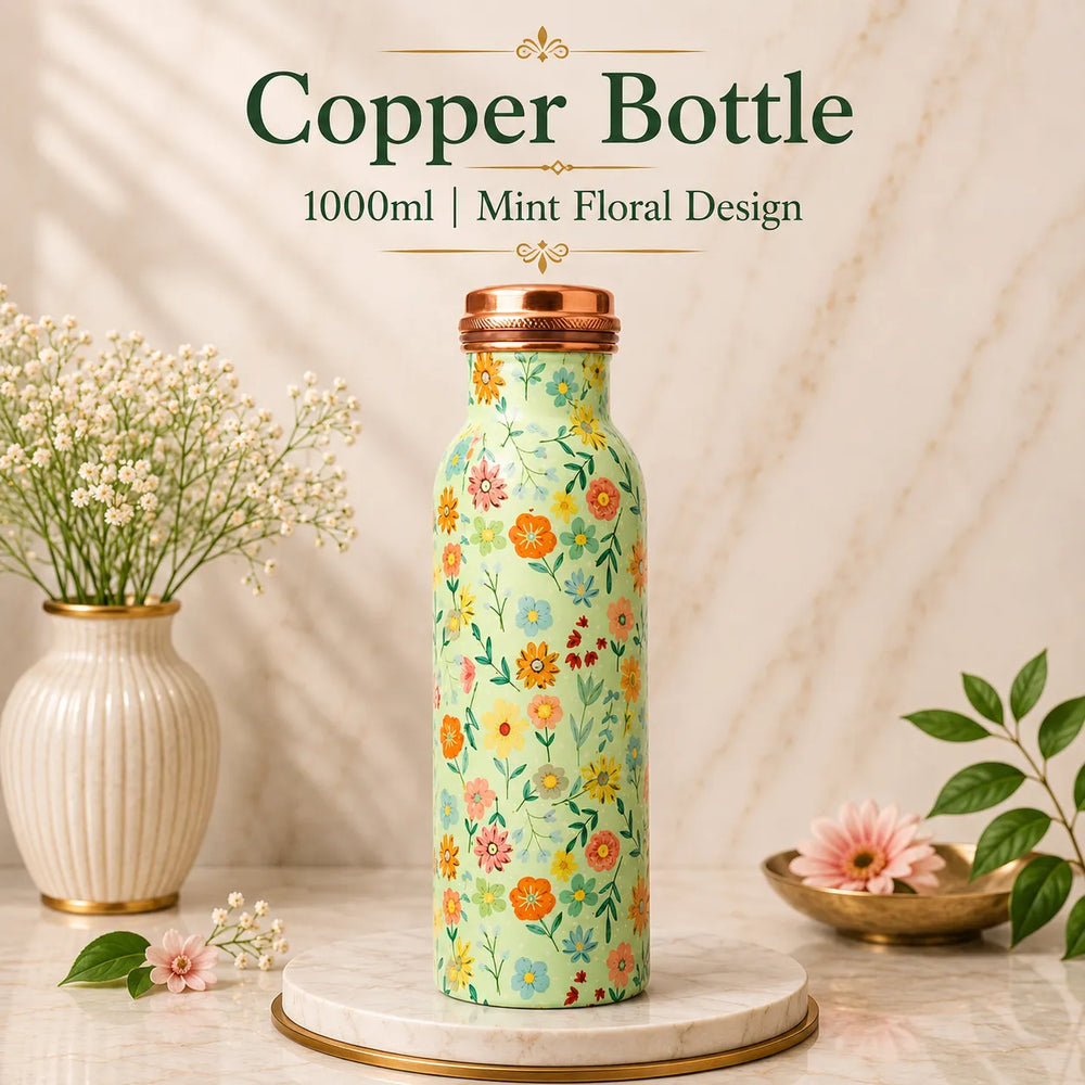 Sempyix 1 Litre Copper Water Bottle - Mint Floral Design