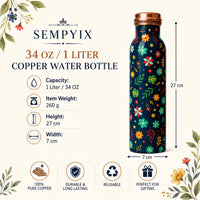 Sempyix 1 Litre Copper Water Bottle - Navy Blossom Design
