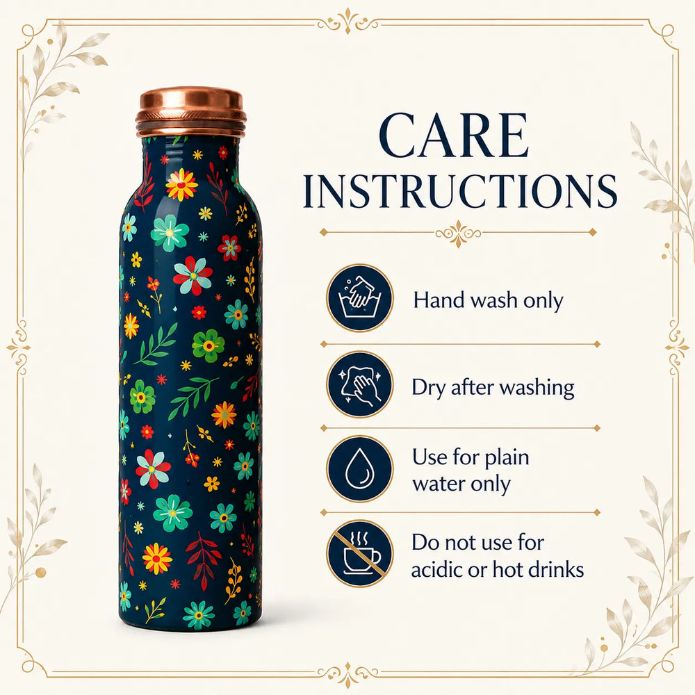 Sempyix 1 Litre Copper Water Bottle - Navy Blossom Design