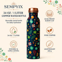Sempyix 1 Litre Copper Water Bottle - Navy Blossom Design