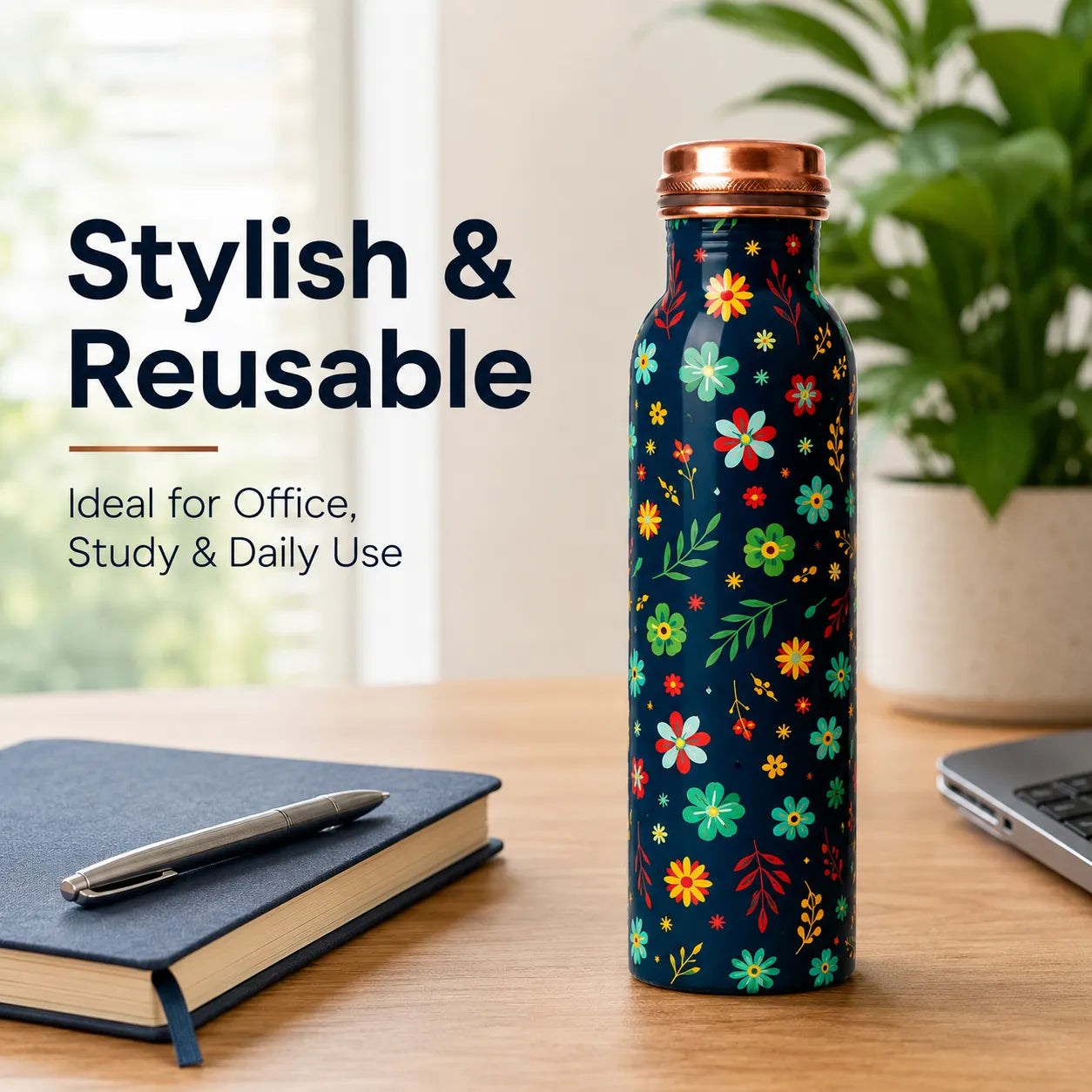 Sempyix 1 Litre Copper Water Bottle - Navy Blossom Design