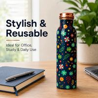 Sempyix 1 Litre Copper Water Bottle - Navy Blossom Design