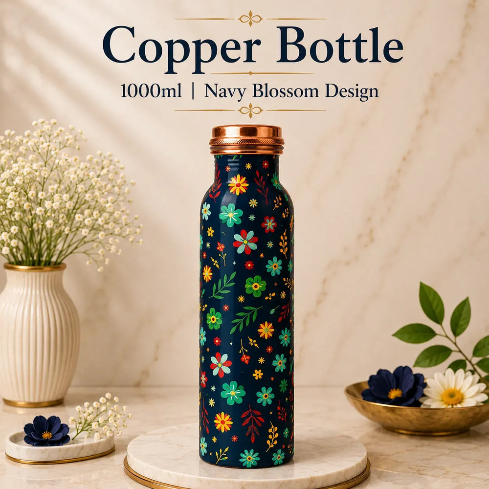 Sempyix 1 Litre Copper Water Bottle - Navy Blossom Design