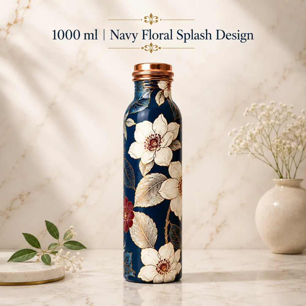 Sempyix 1 Litre Copper Water Bottle - Navy Floral Splash Design