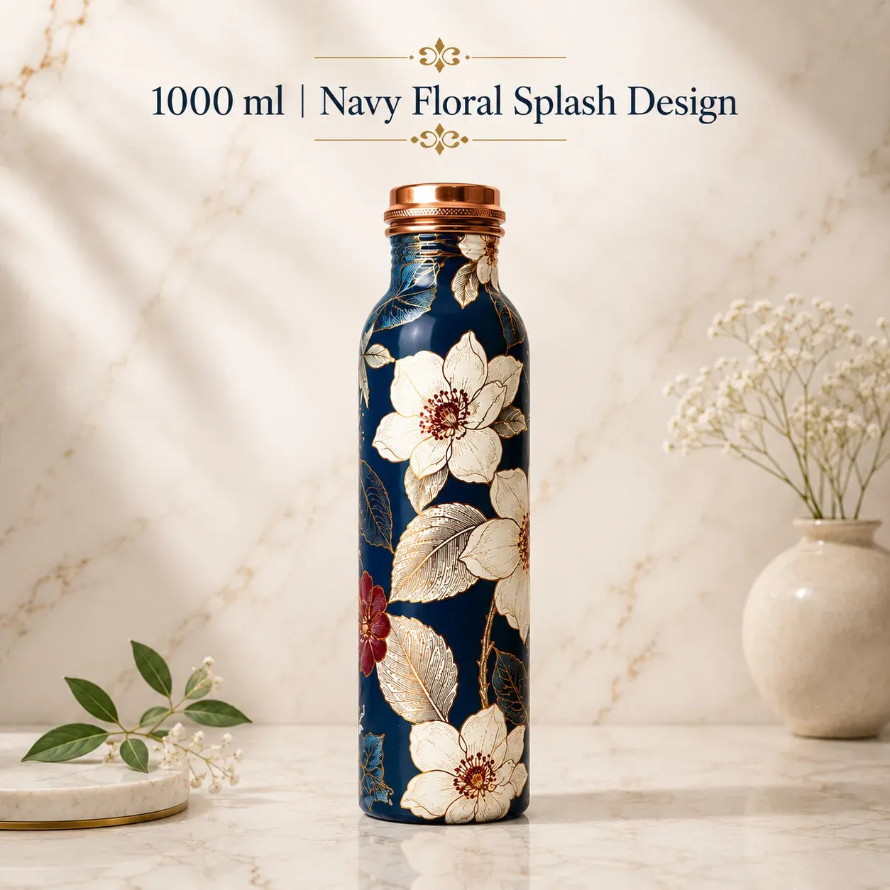 Sempyix 1 Litre Copper Water Bottle - Navy Floral Splash Design
