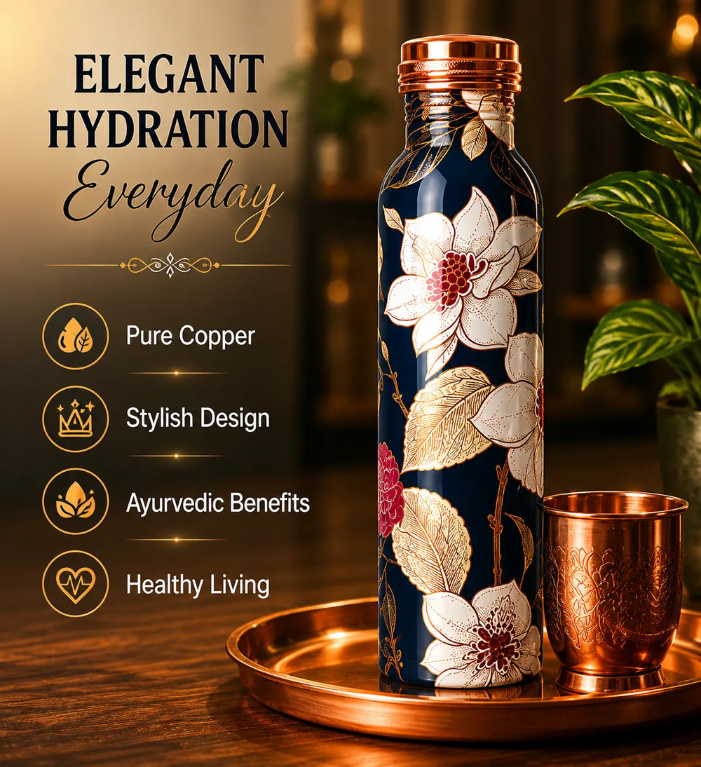 Sempyix 1 Litre Copper Water Bottle - Navy Floral Splash Design