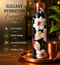 Sempyix 1 Litre Copper Water Bottle - Navy Floral Splash Design