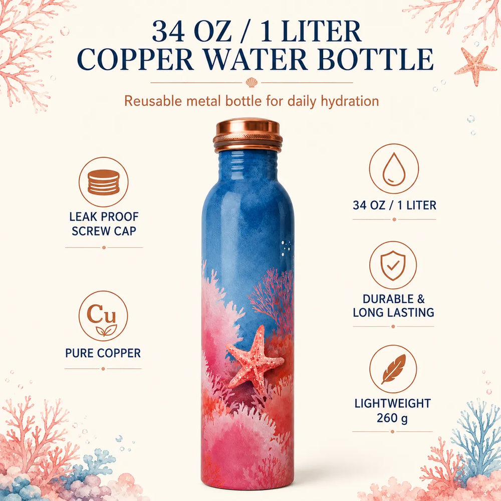 Sempyix 1 Litre Copper Water Bottle - Ocean Coral Design
