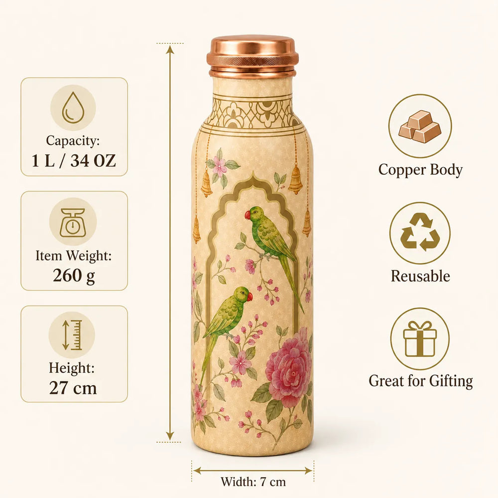 Sempyix 1 Litre Copper Water Bottle - Parrot Garden Arch Design