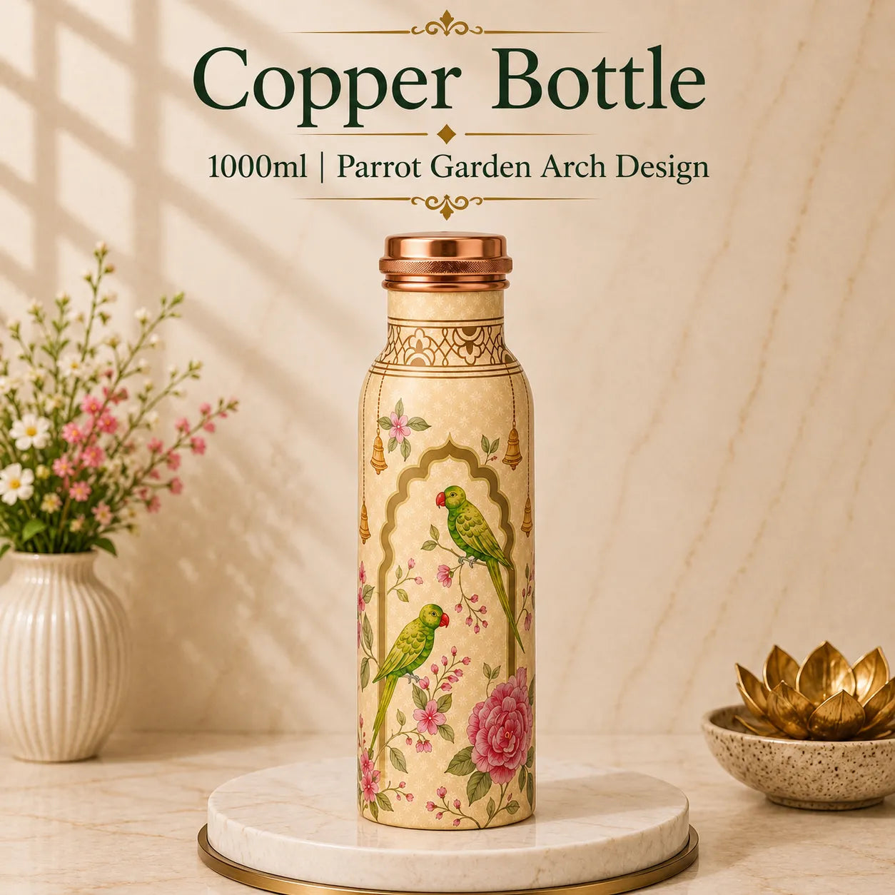Sempyix 1 Litre Copper Water Bottle - Parrot Garden Arch Design