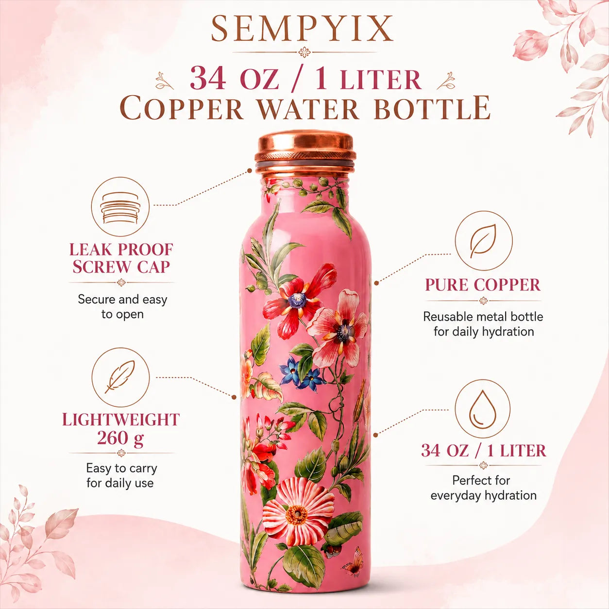 Sempyix 1 Litre Copper Water Bottle - Pink Floral Garden Design