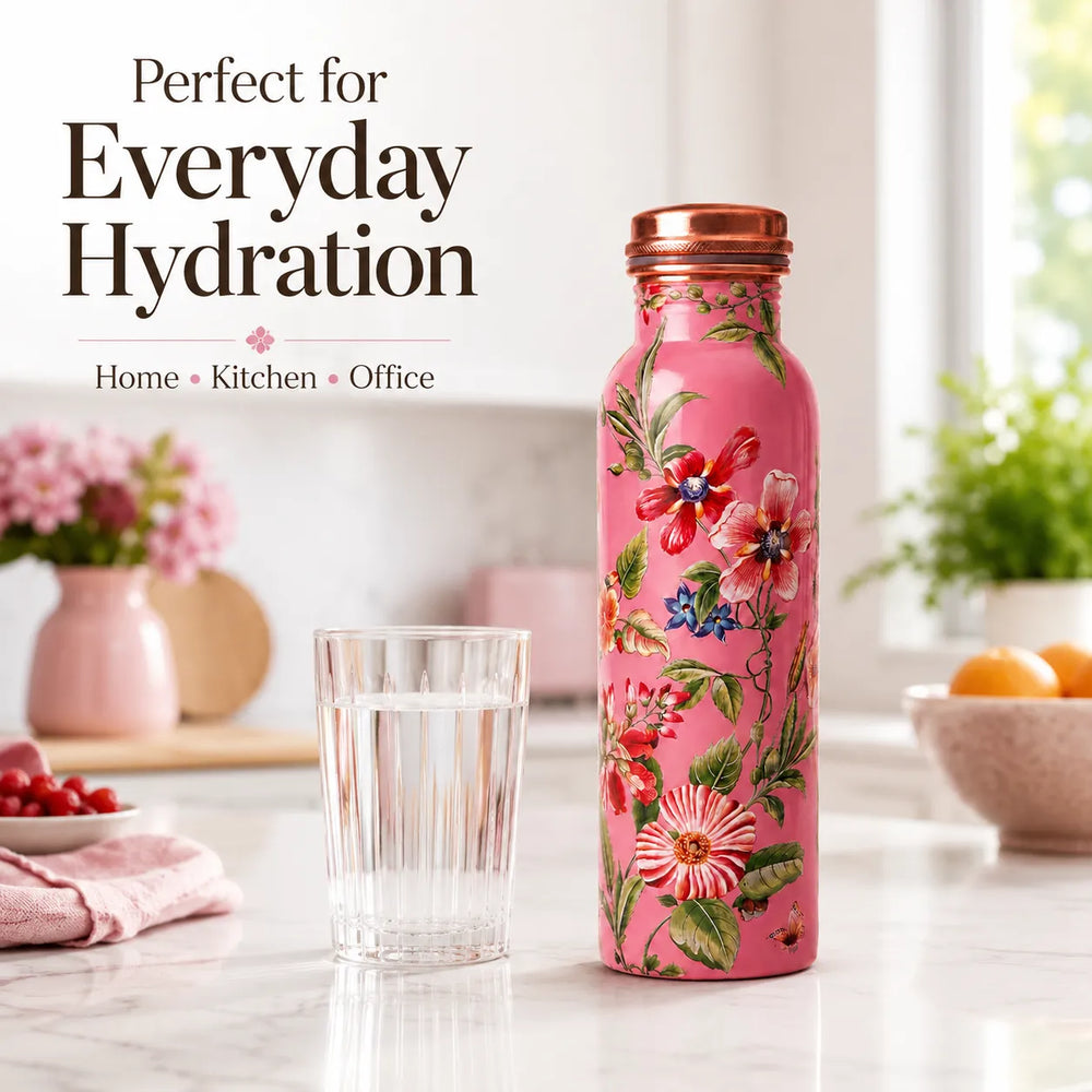Sempyix 1 Litre Copper Water Bottle - Pink Floral Garden Design