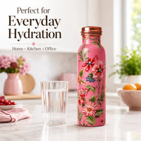 Sempyix 1 Litre Copper Water Bottle - Pink Floral Garden Design