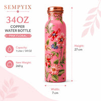 Sempyix 1 Litre Copper Water Bottle - Pink Floral Garden Design