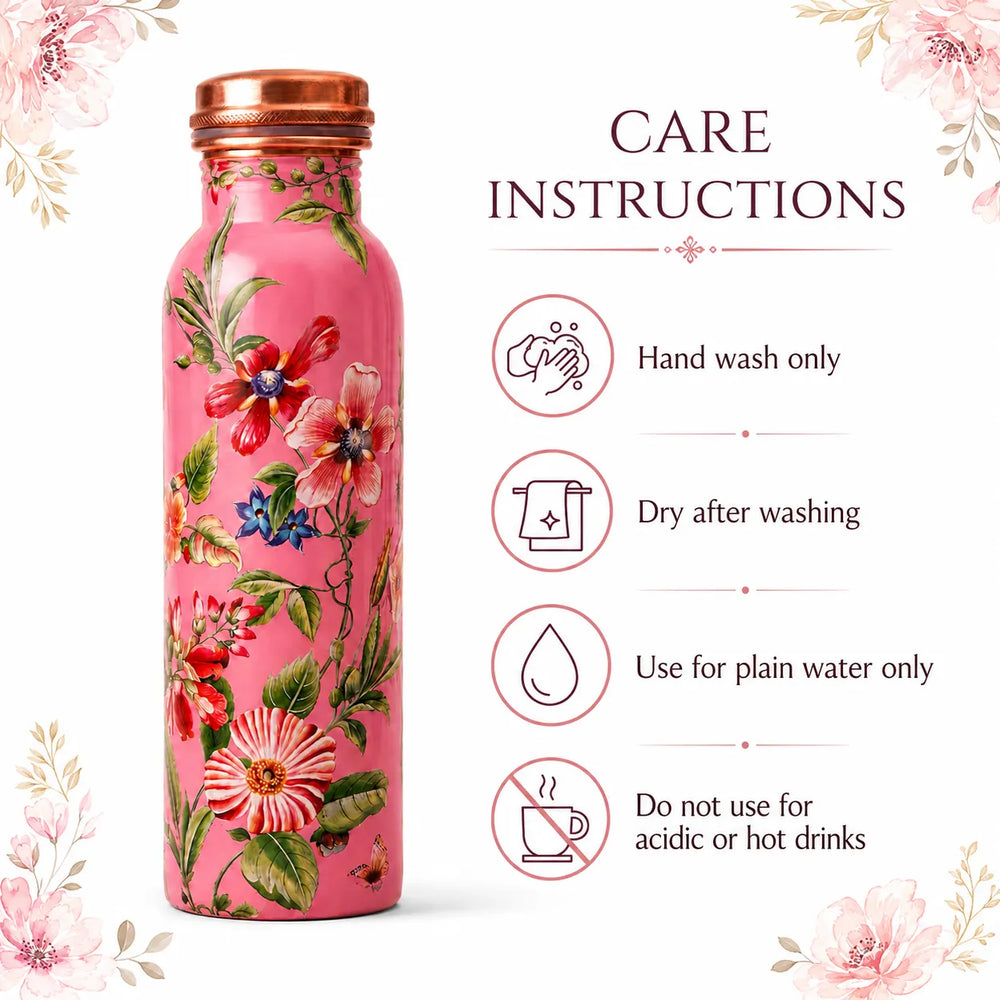 Sempyix 1 Litre Copper Water Bottle - Pink Floral Garden Design