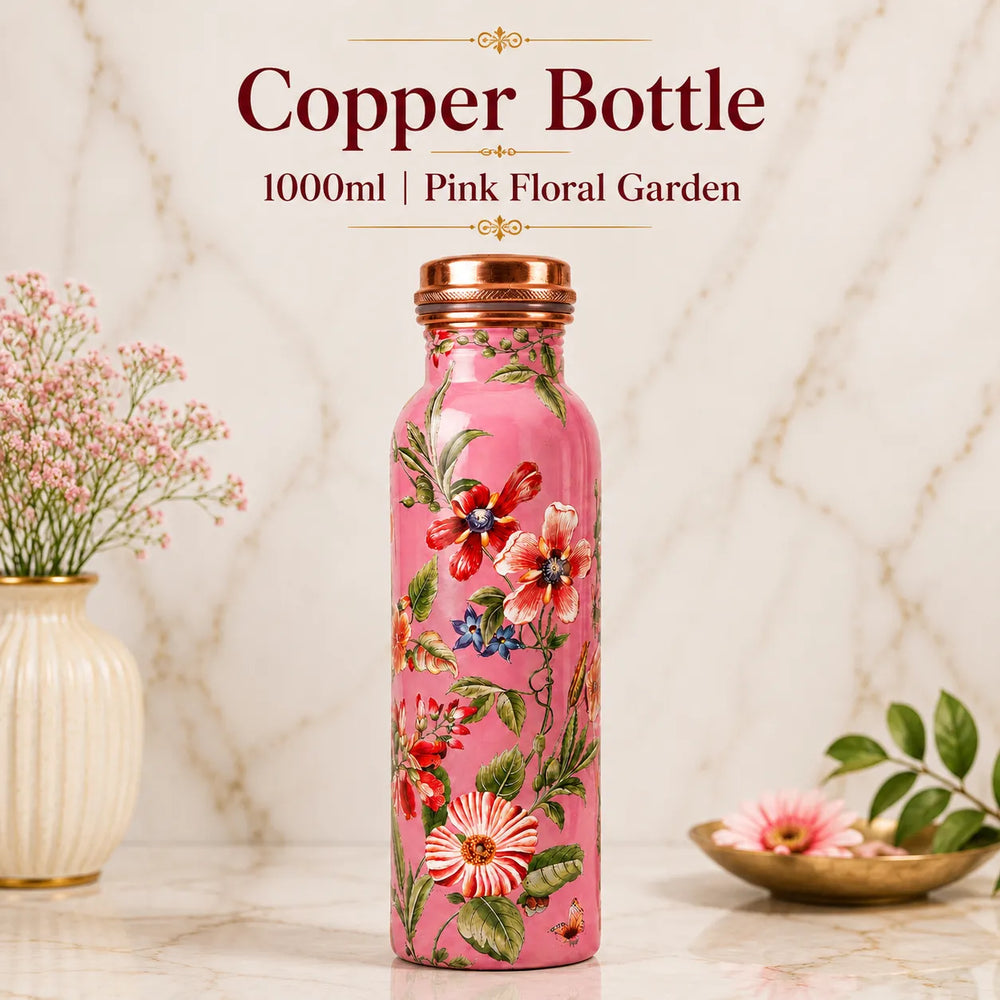 Sempyix 1 Litre Copper Water Bottle - Pink Floral Garden Design