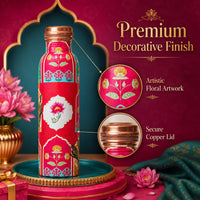 Sempyix 1 Litre Copper Water Bottle - Pink Mughal Floral Design