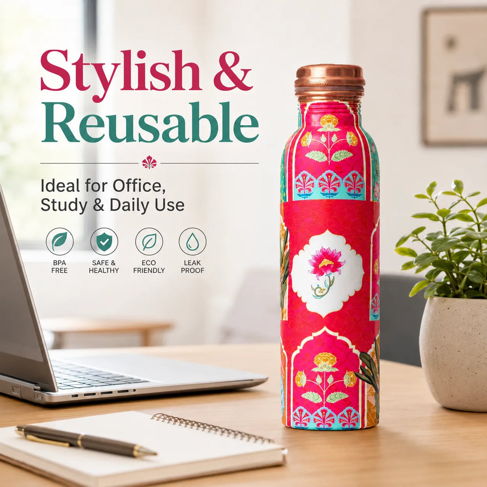 Sempyix 1 Litre Copper Water Bottle - Pink Mughal Floral Design