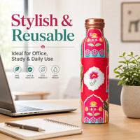 Sempyix 1 Litre Copper Water Bottle - Pink Mughal Floral Design