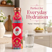 Sempyix 1 Litre Copper Water Bottle - Pink Mughal Floral Design