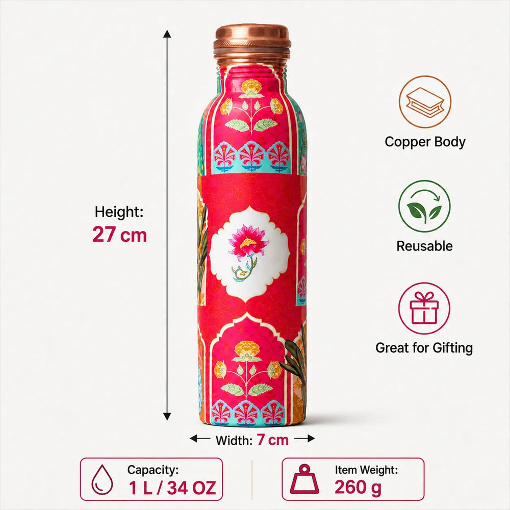 Sempyix 1 Litre Copper Water Bottle - Pink Mughal Floral Design
