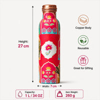Sempyix 1 Litre Copper Water Bottle - Pink Mughal Floral Design