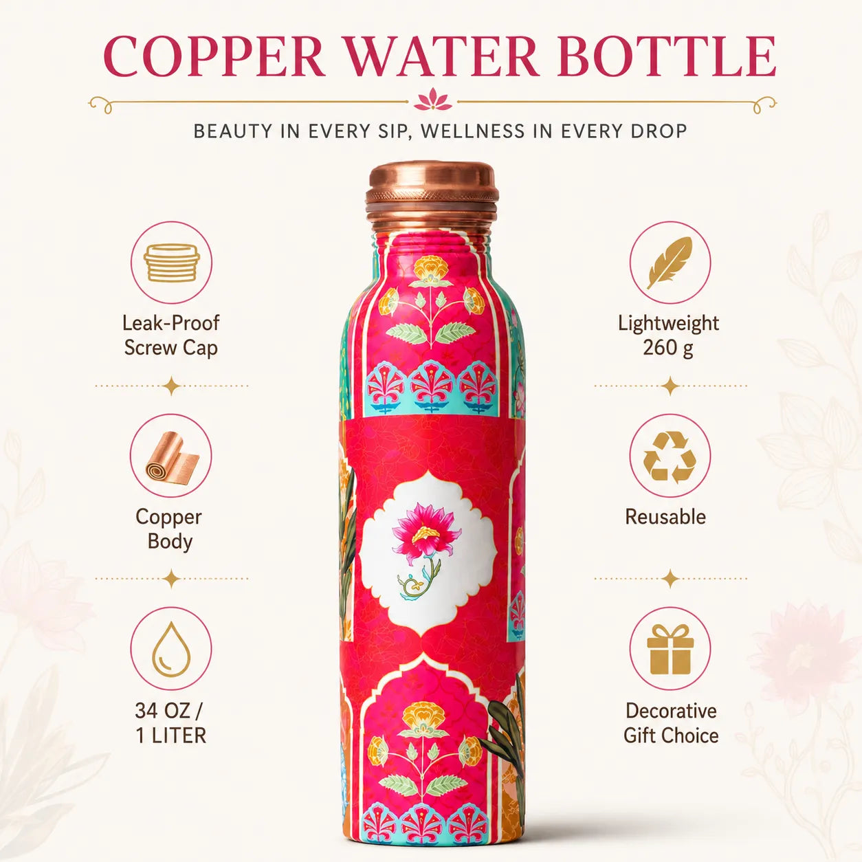 Sempyix 1 Litre Copper Water Bottle - Pink Mughal Floral Design