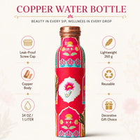 Sempyix 1 Litre Copper Water Bottle - Pink Mughal Floral Design