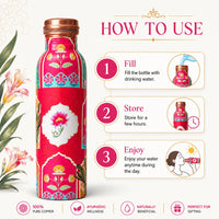 Sempyix 1 Litre Copper Water Bottle - Pink Mughal Floral Design