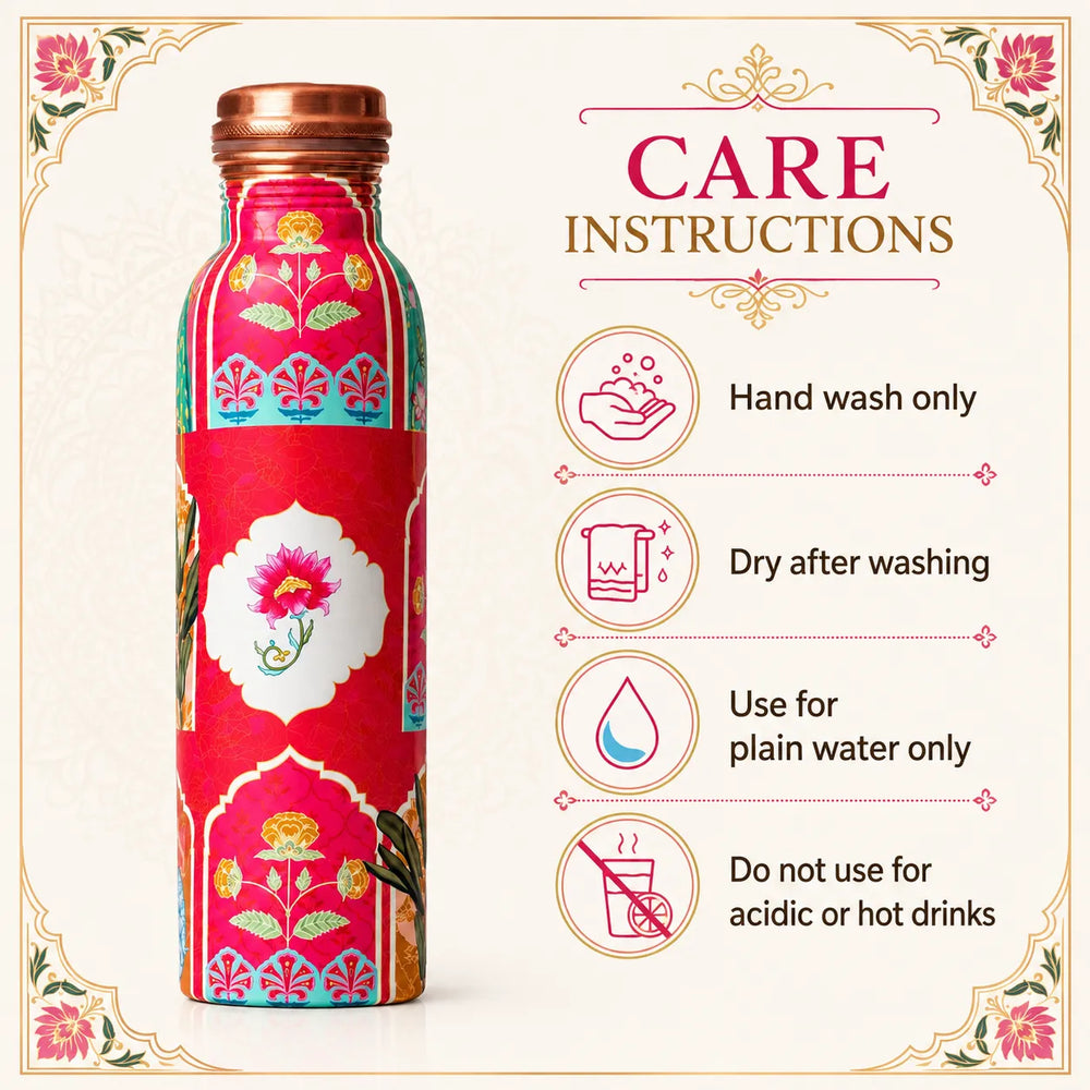 Sempyix 1 Litre Copper Water Bottle - Pink Mughal Floral Design