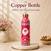 Sempyix 1 Litre Copper Water Bottle - Pink Mughal Floral Design