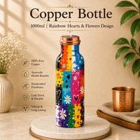 Sempyix 1 Litre Copper Water Bottle - Rainbow Hearts & Flowers Design