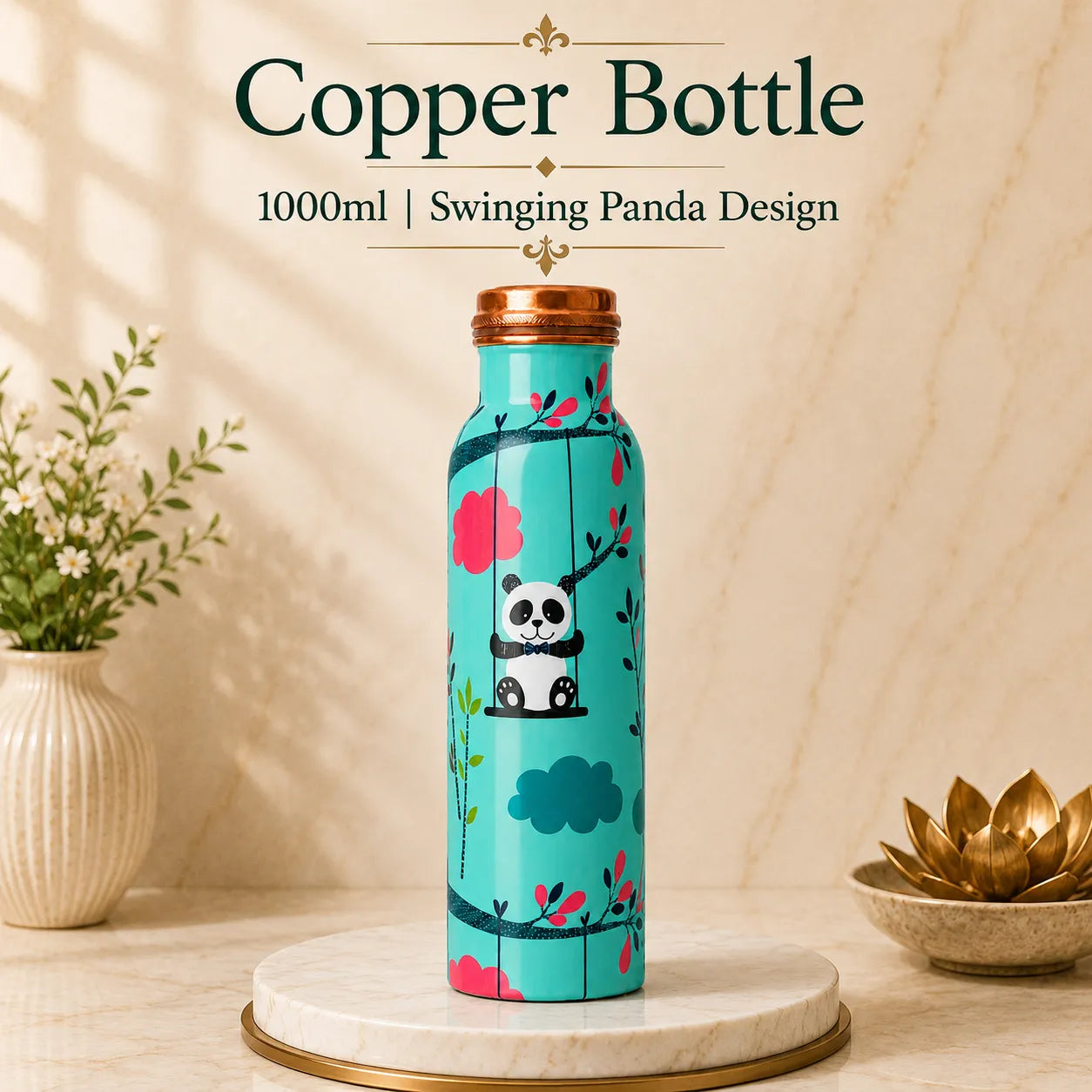 Sempyix 1 Litre Copper Water Bottle - Swinging Panda Design