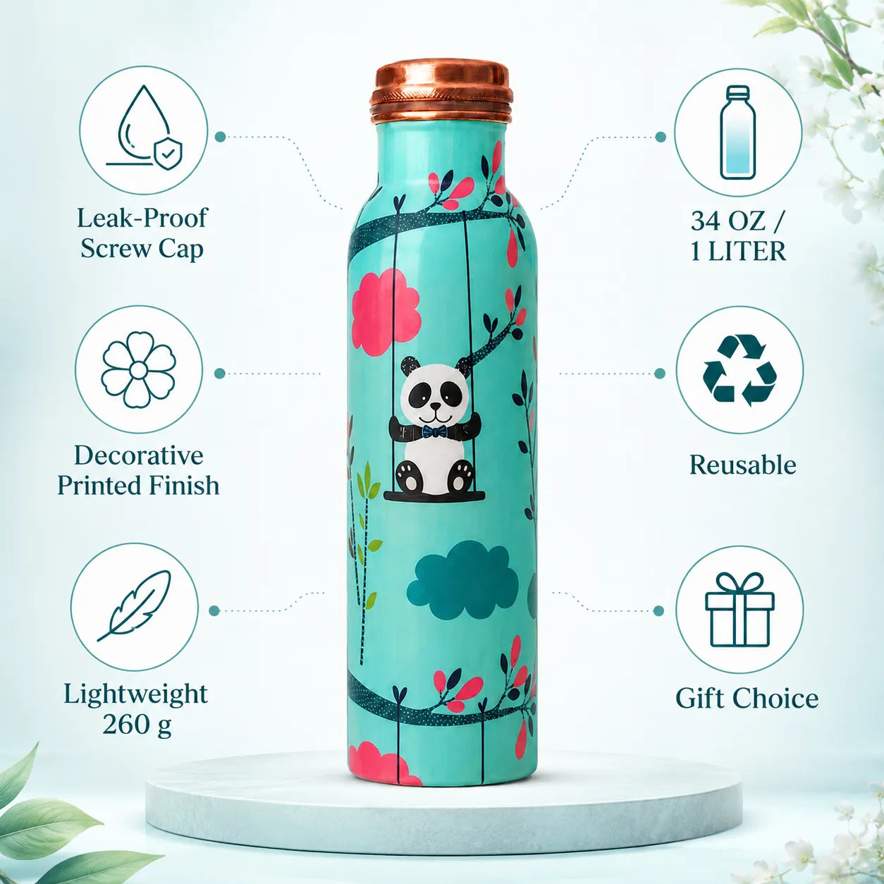 Sempyix 1 Litre Copper Water Bottle - Swinging Panda Design