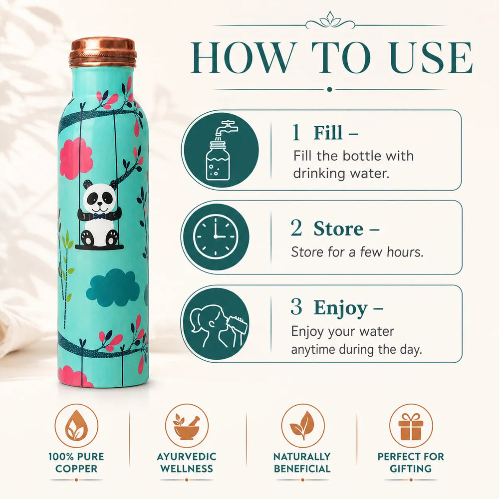 Sempyix 1 Litre Copper Water Bottle - Swinging Panda Design