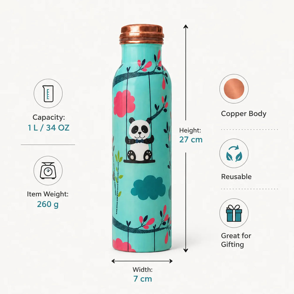 Sempyix 1 Litre Copper Water Bottle - Swinging Panda Design