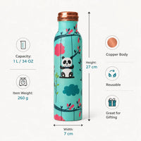 Sempyix 1 Litre Copper Water Bottle - Swinging Panda Design