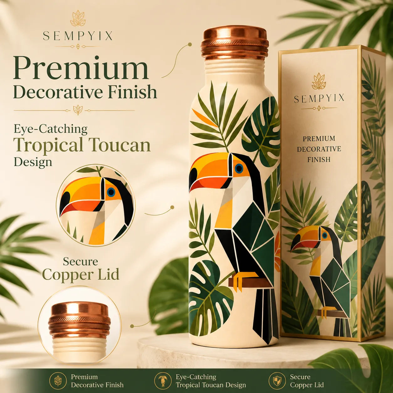 Sempyix 1 Litre Copper Water Bottle - Tropical Toucan Design