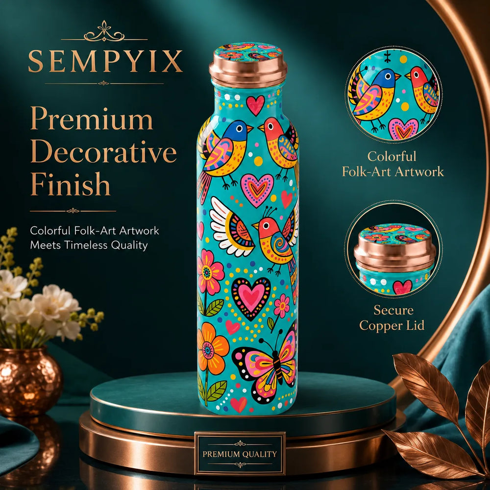 Sempyix 1 Litre Copper Water Bottle - Turquoise Birds & Hearts Design