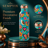 Sempyix 1 Litre Copper Water Bottle - Turquoise Birds & Hearts Design