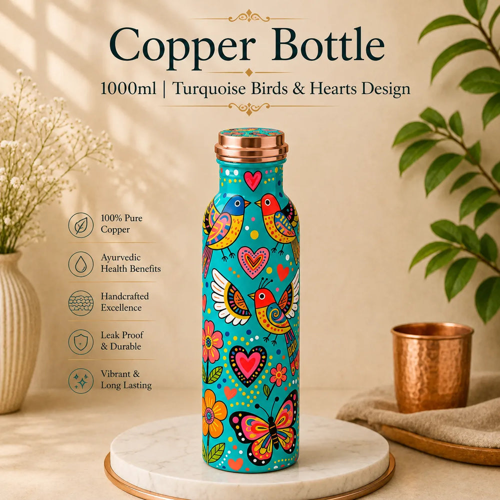 Sempyix 1 Litre Copper Water Bottle - Turquoise Birds & Hearts Design