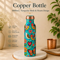Sempyix 1 Litre Copper Water Bottle - Turquoise Birds & Hearts Design