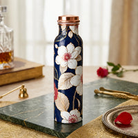 Sempyix 1 Litre Copper Water Bottle - Navy Floral Splash Design