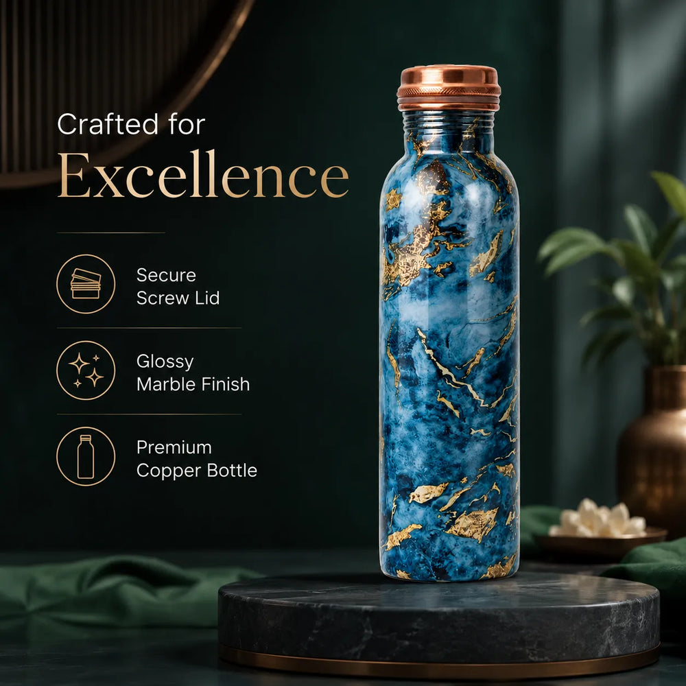 Sempyix 1 Litre Copper Water Bottle - Blue Marble Gold Design