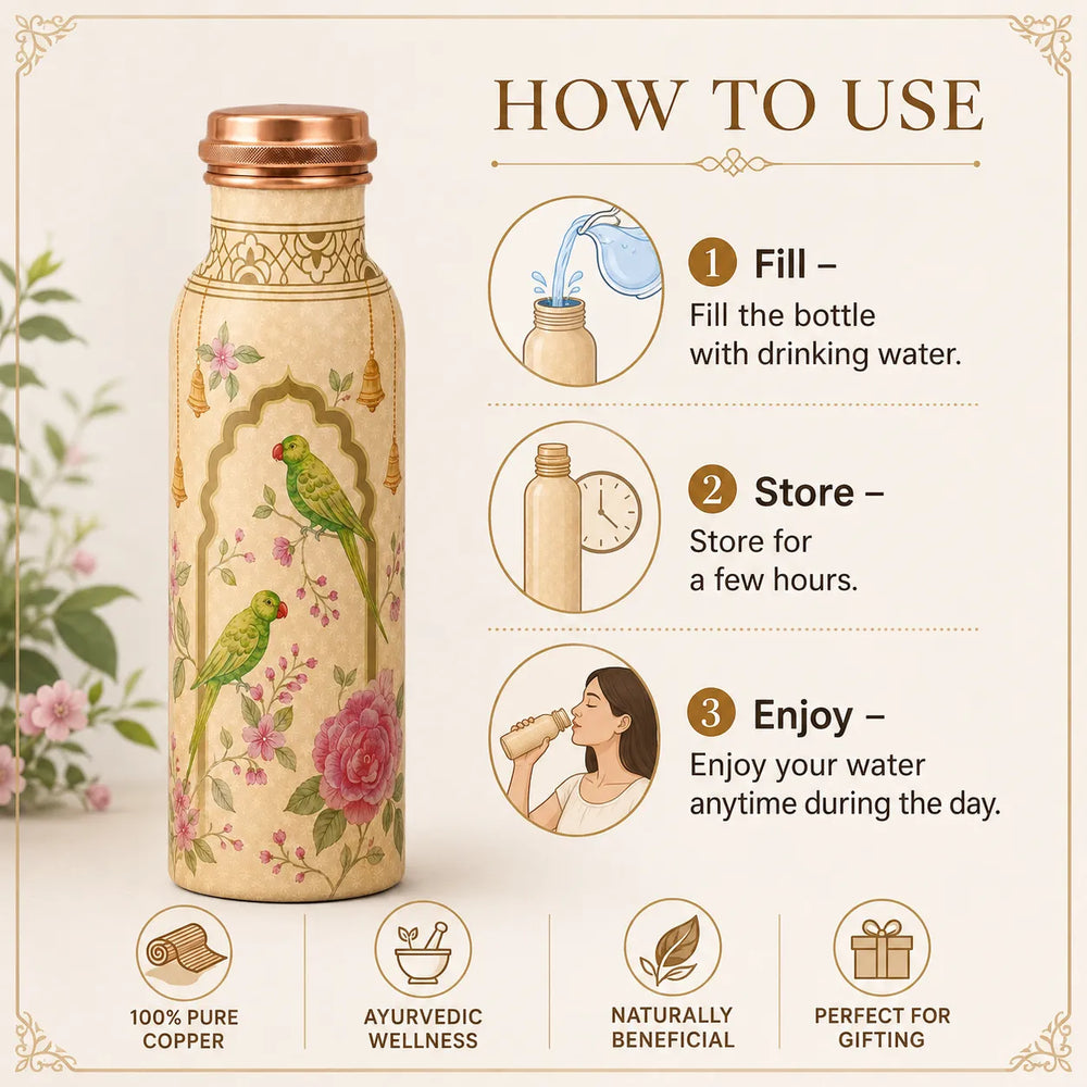 Sempyix 1 Litre Copper Water Bottle - Parrot Garden Arch Design